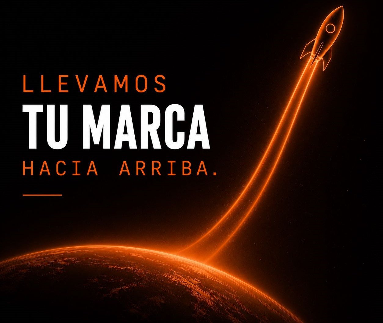 Dicho y Hecho — Llevamos tu marca hacia arriba. Cohete despegando desde un planeta con una estela naranja
